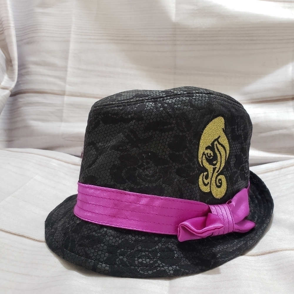 Ever After High Black Fedora Hat Floral Pattern Purple Satin Band Gold Patch